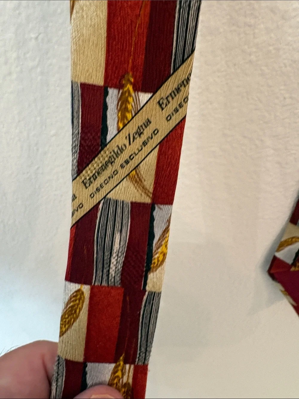 Ermenegildo Zegna Red, Gold and Cream Checkerboard Wheat-Print Silk Tie